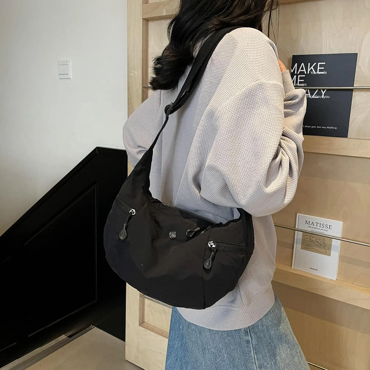 Nylon Crossbody Bag for Women, Lightweight Shoulder Purse with Zipper, Trendy Crescent Sling Bag with Adjustable Stap