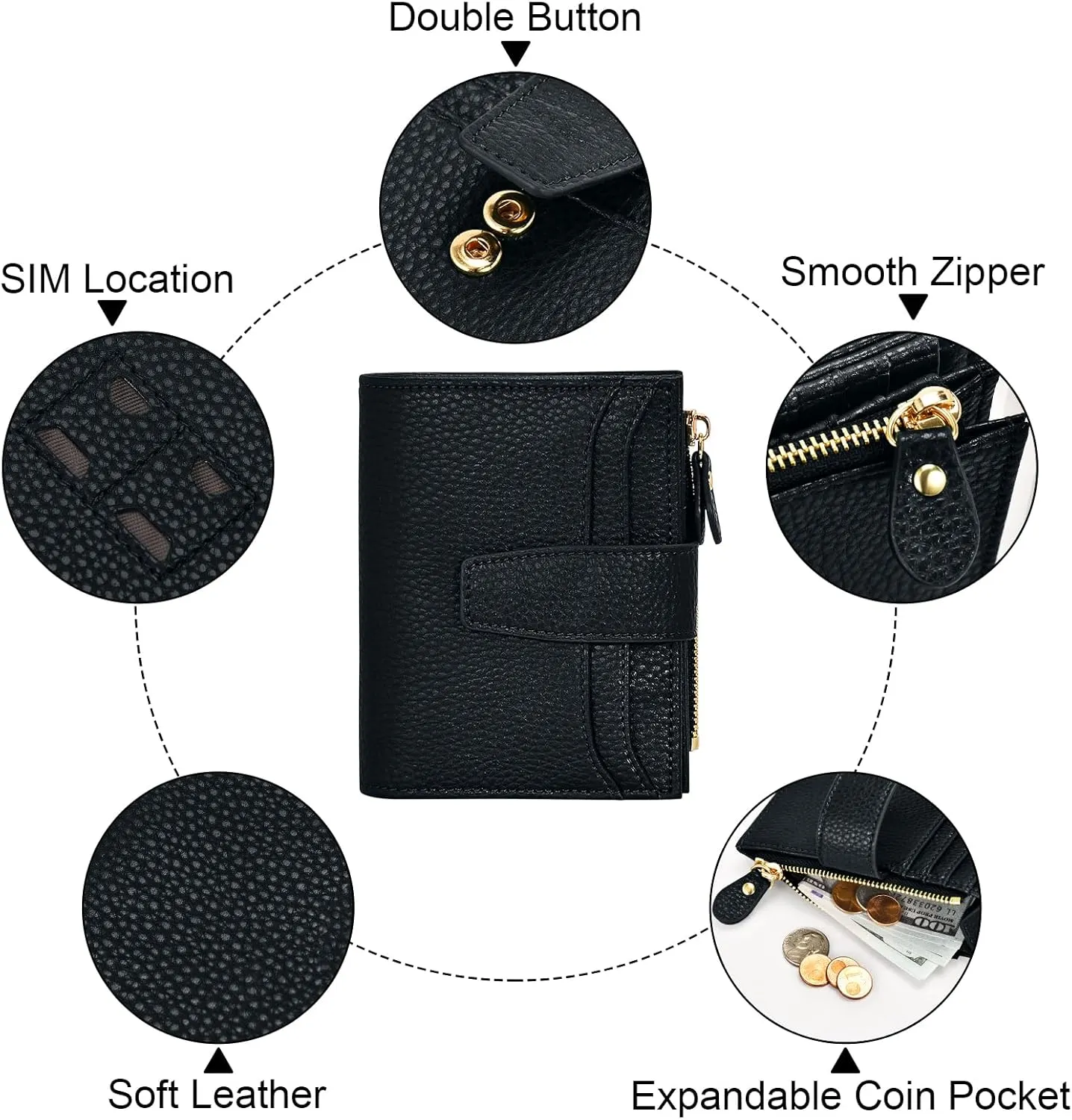 oscaurt Small Wallet Women RFID Blocking Bifold Compact Credit Card Holder Leather Wallets for Women with Zipper Coin Pocket and 2 ID Window (Black)