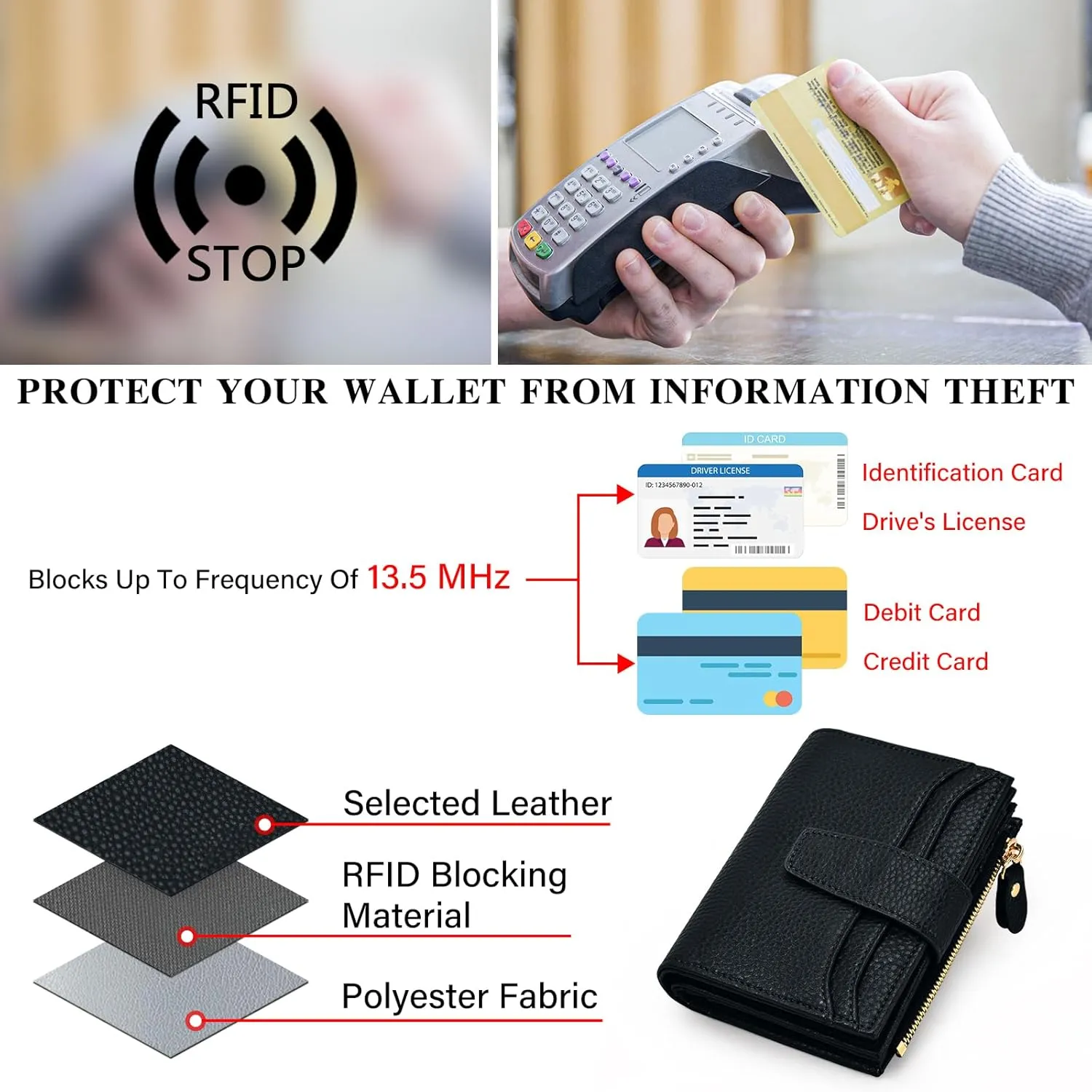 oscaurt Small Wallet Women RFID Blocking Bifold Compact Credit Card Holder Leather Wallets for Women with Zipper Coin Pocket and 2 ID Window (Black)