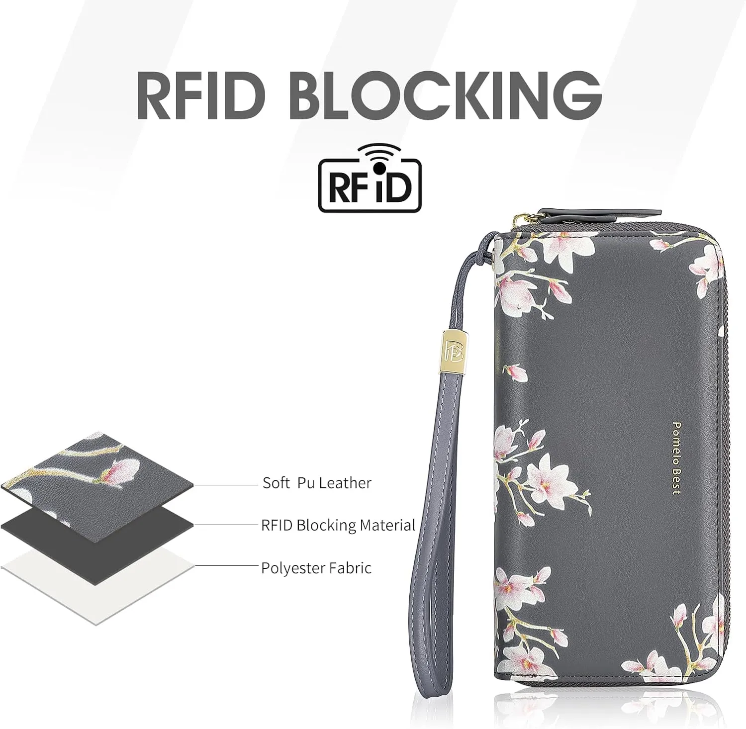 Pomelo Best Wallet Womens RFID Blocking Leather Multi Credit Card Large Capacity Zip Around Wallet Clutch Wristlet Travel Long Purse Grey