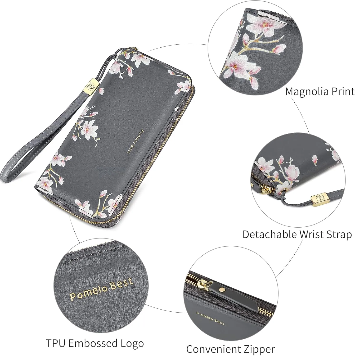Pomelo Best Wallet Womens RFID Blocking Leather Multi Credit Card Large Capacity Zip Around Wallet Clutch Wristlet Travel Long Purse Grey