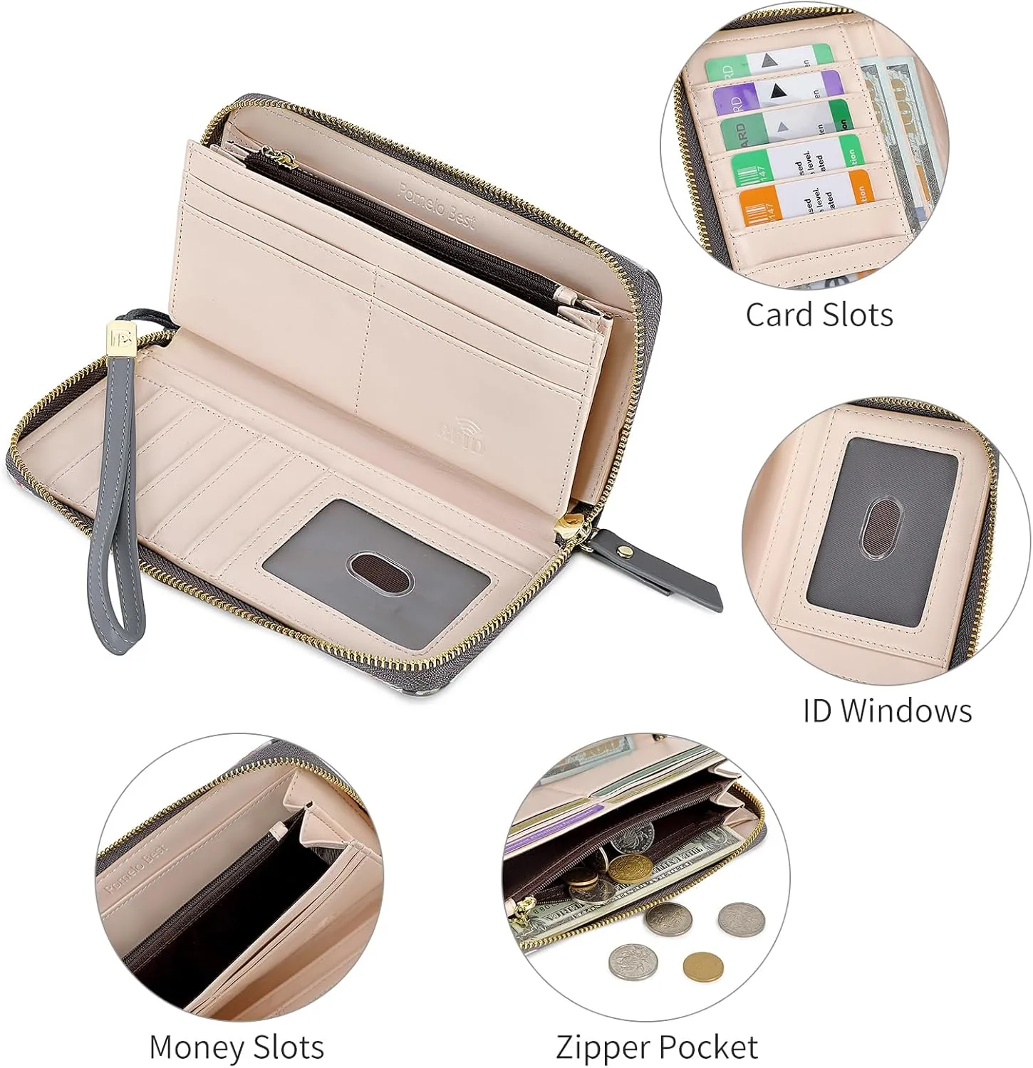 Pomelo Best Wallet Womens RFID Blocking Leather Multi Credit Card Large Capacity Zip Around Wallet Clutch Wristlet Travel Long Purse Grey