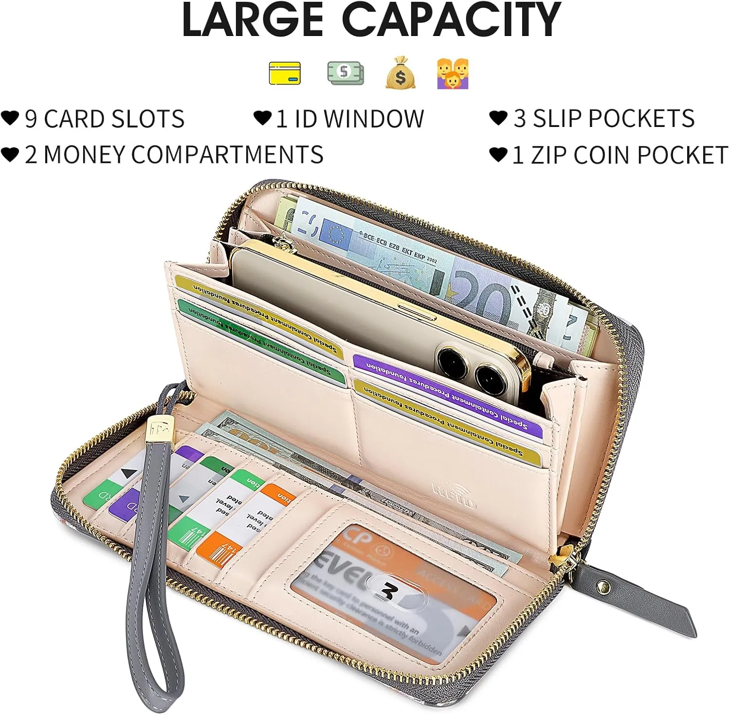 Pomelo Best Wallet Womens RFID Blocking Leather Multi Credit Card Large Capacity Zip Around Wallet Clutch Wristlet Travel Long Purse Grey