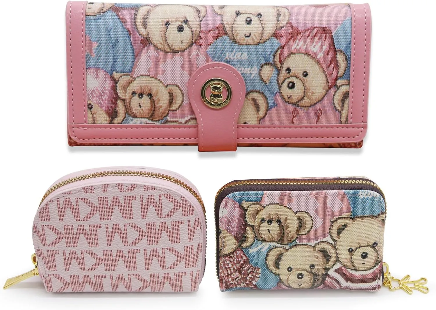 Popular Purse Set for Womens Wallet Includes A Triple Fold Purse and Two Small Card Bag with Multiple Slots (pink)