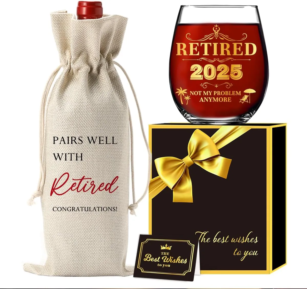 Retirement Gift for Women Men 2025 Coworker Leaving Gifts Stemless Wine Glass And Wine Bag Farewell Goodbye Gift Happy Retired Gifts for Women Teacher Nurse Coworker-15 oz