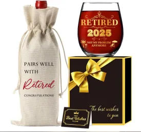 Retirement Gift for Women Men 2025 Coworker Leaving Gifts Stemless Wine Glass And Wine Bag Farewell Goodbye Gift Happy Retired Gifts for Women Teacher Nurse Coworker-15 oz