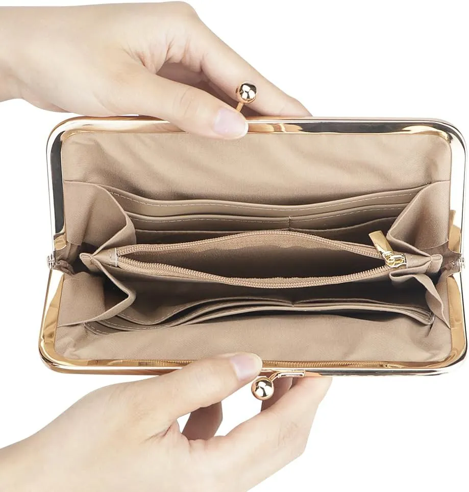 RFID Kiss Lock Wallet, Solid Color Multi-card Slots Card Holder, Genuine Leather Clutch Purses for Women 1468