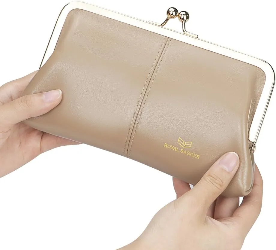 RFID Kiss Lock Wallet, Solid Color Multi-card Slots Card Holder, Genuine Leather Clutch Purses for Women 1468