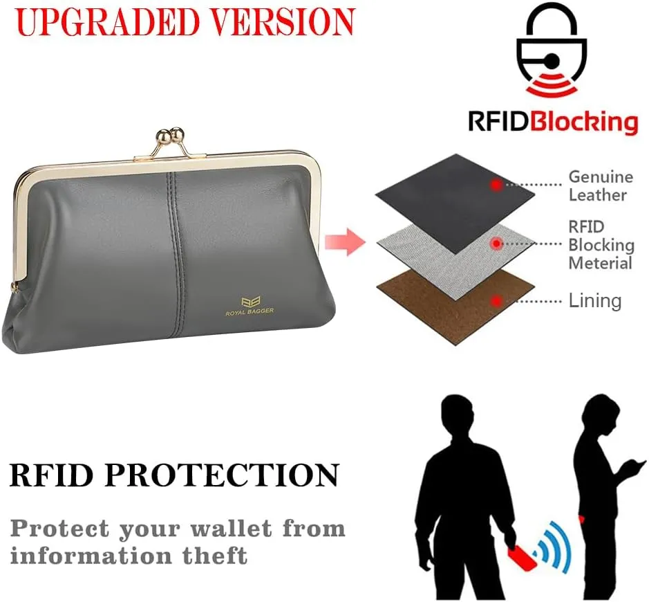 RFID Kiss Lock Wallet, Solid Color Multi-card Slots Card Holder, Genuine Leather Clutch Purses for Women 1468