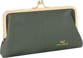 RFID Kiss Lock Wallet, Solid Color Multi-card Slots Card Holder, Genuine Leather Clutch Purses for Women 1468