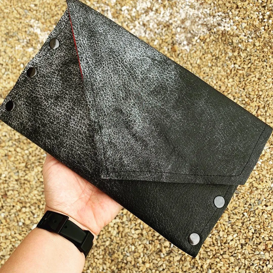 Rock Star Gunmetal Leather Clutch with Red Glitter Metallic Interior
