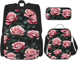 Rose flower of many fans print 3-Piece Casual Backpack Set (Backpack   Waist Bag   Small Pouch), Unisex Daypack