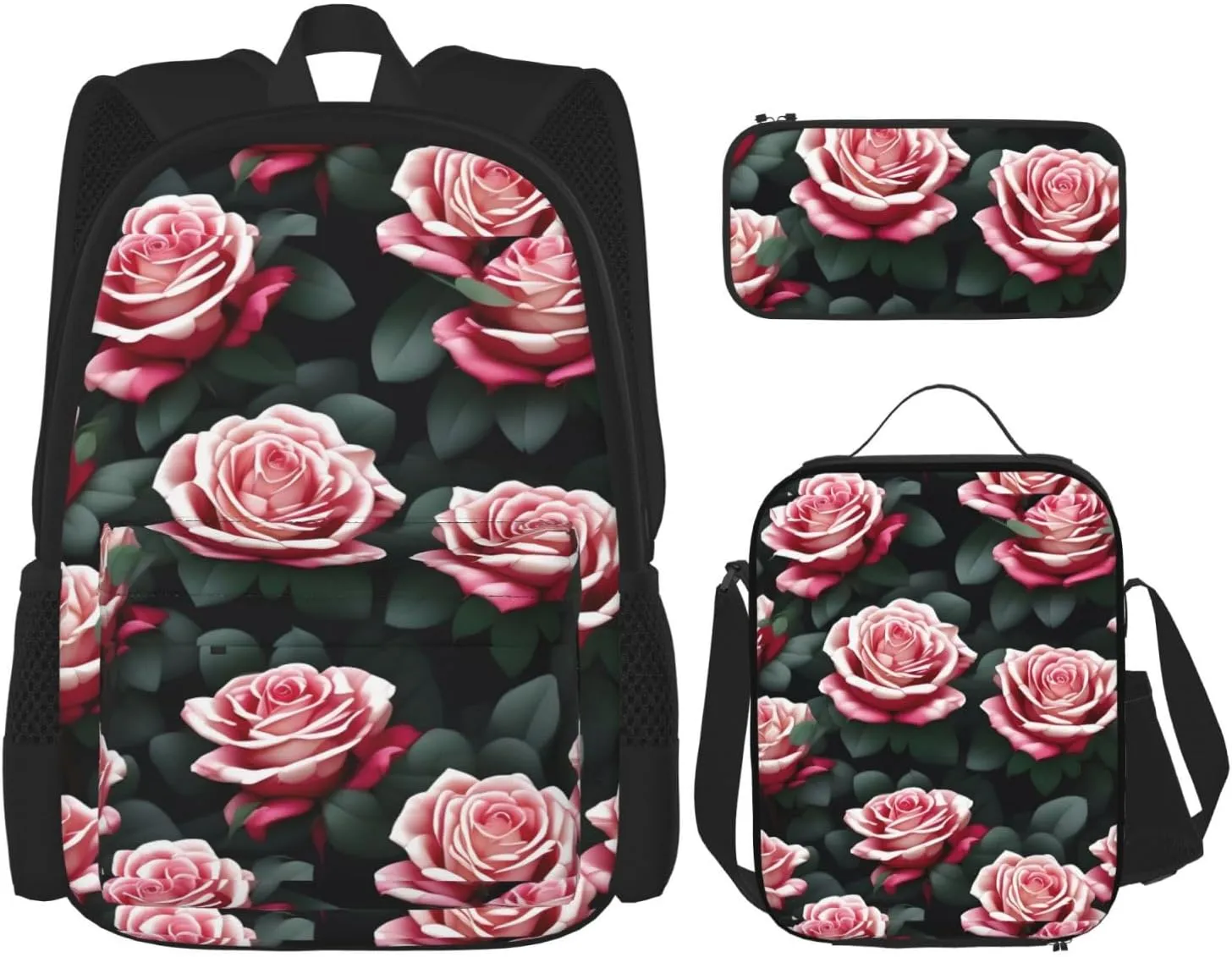 Rose flower of many fans print 3-Piece Casual Backpack Set (Backpack   Waist Bag   Small Pouch), Unisex Daypack