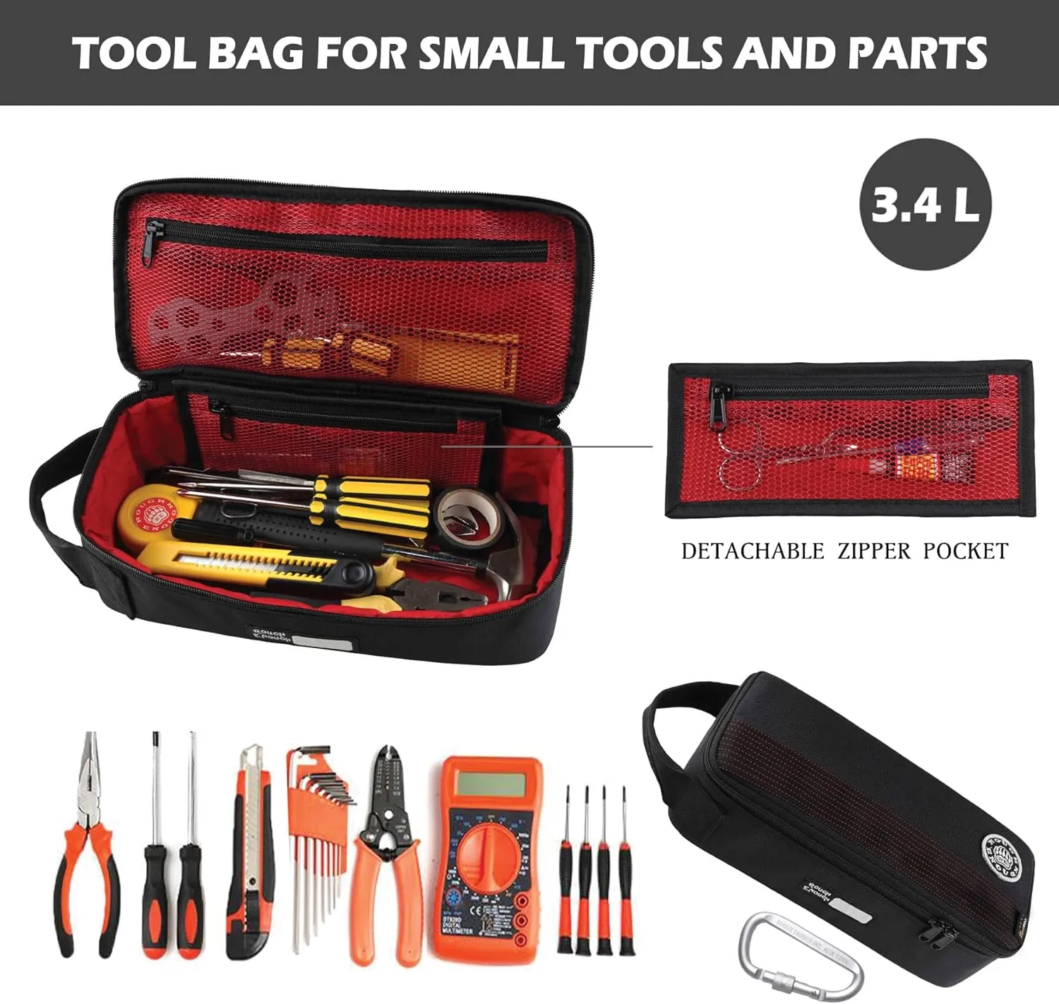 Rough Enough Small Tool Bag Case Portable Box EDC Pouch Organizer with Handle, 12 Inch, Heavy Duty Cordura, Padded Lining, Tech Tactical Gear, Black