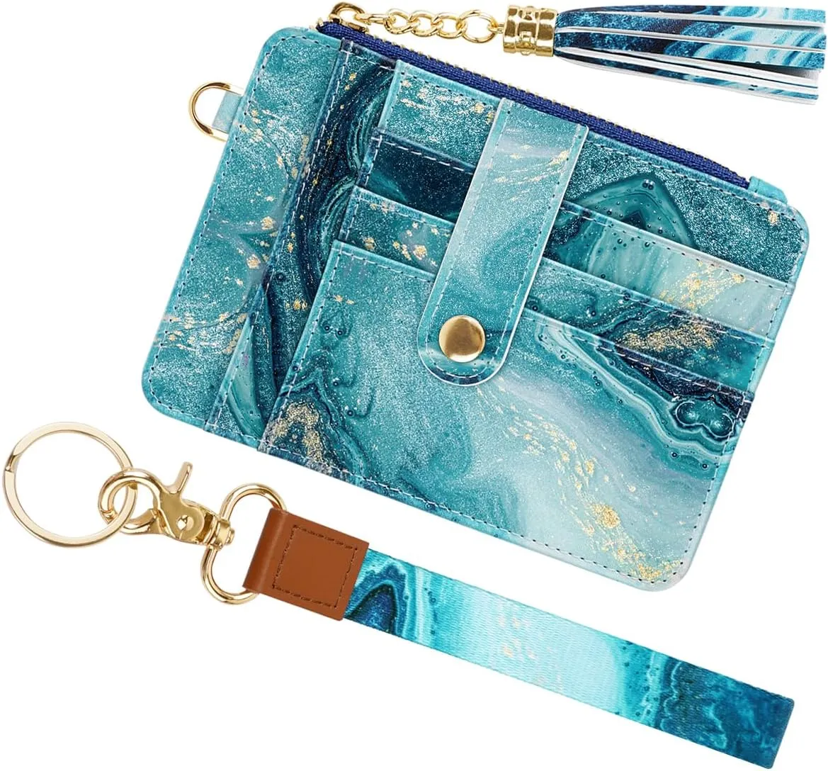 Slim Wallet RFID Credit Card Holder Small Cute Card Wallet for Women with Zipper Pocket and KeyChain Holder, Blue Marble