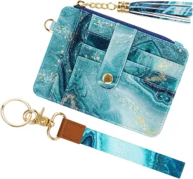 Slim Wallet RFID Credit Card Holder Small Cute Card Wallet for Women with Zipper Pocket and KeyChain Holder, Blue Marble