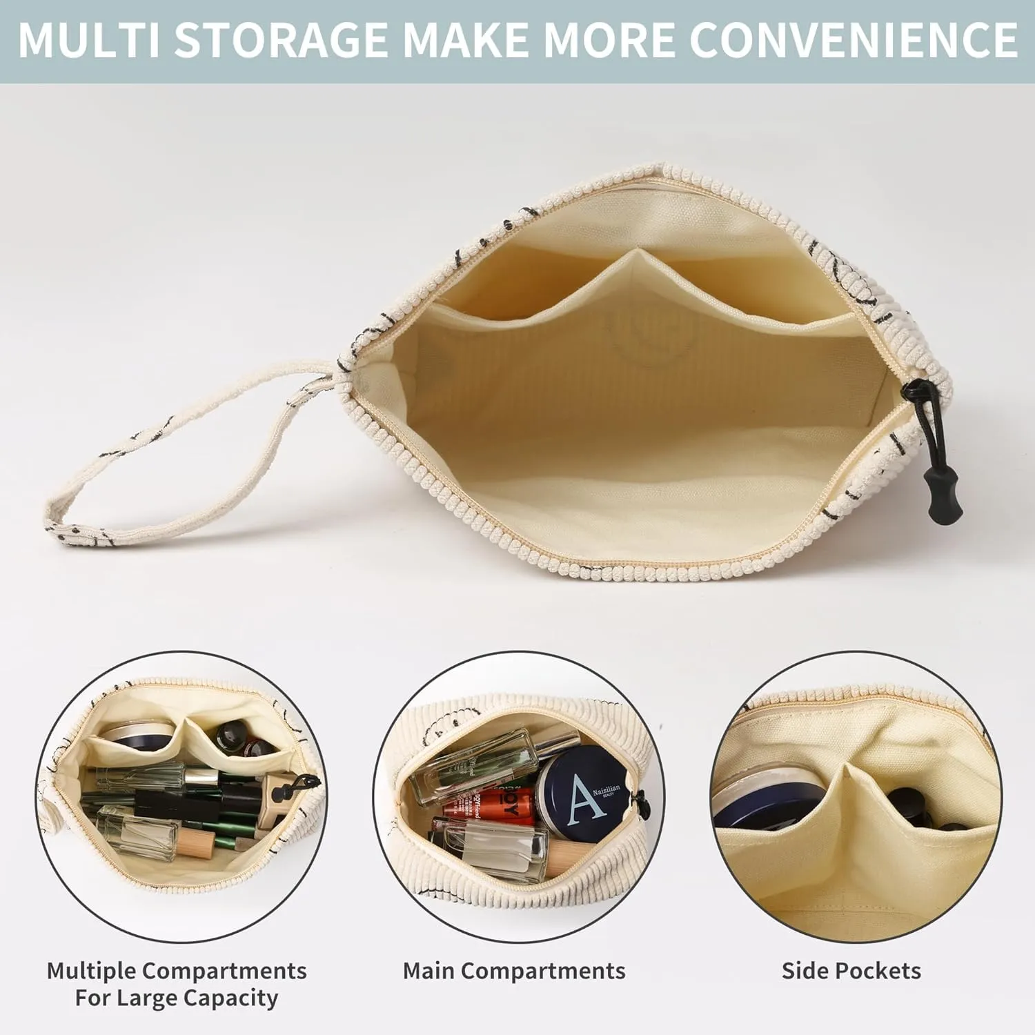 Small Makeup Bag with Pocketes and Zipper Corduroy Makeup Pouch for Purse Travel Corduroy Cosmetic Organizer Toiletry bag for Women