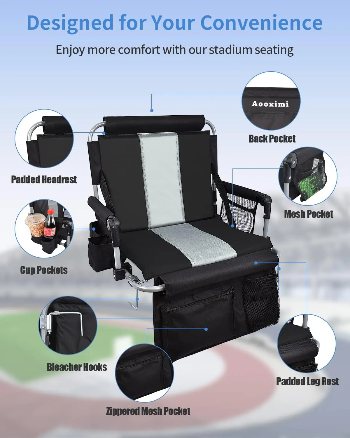 Stadium Seats for Bleachers with Back Support, Bleacher Seats with Backs and Cushion Wide, Stadium Chairs with Cup Holders, Mesh Bags and Hide Hooks