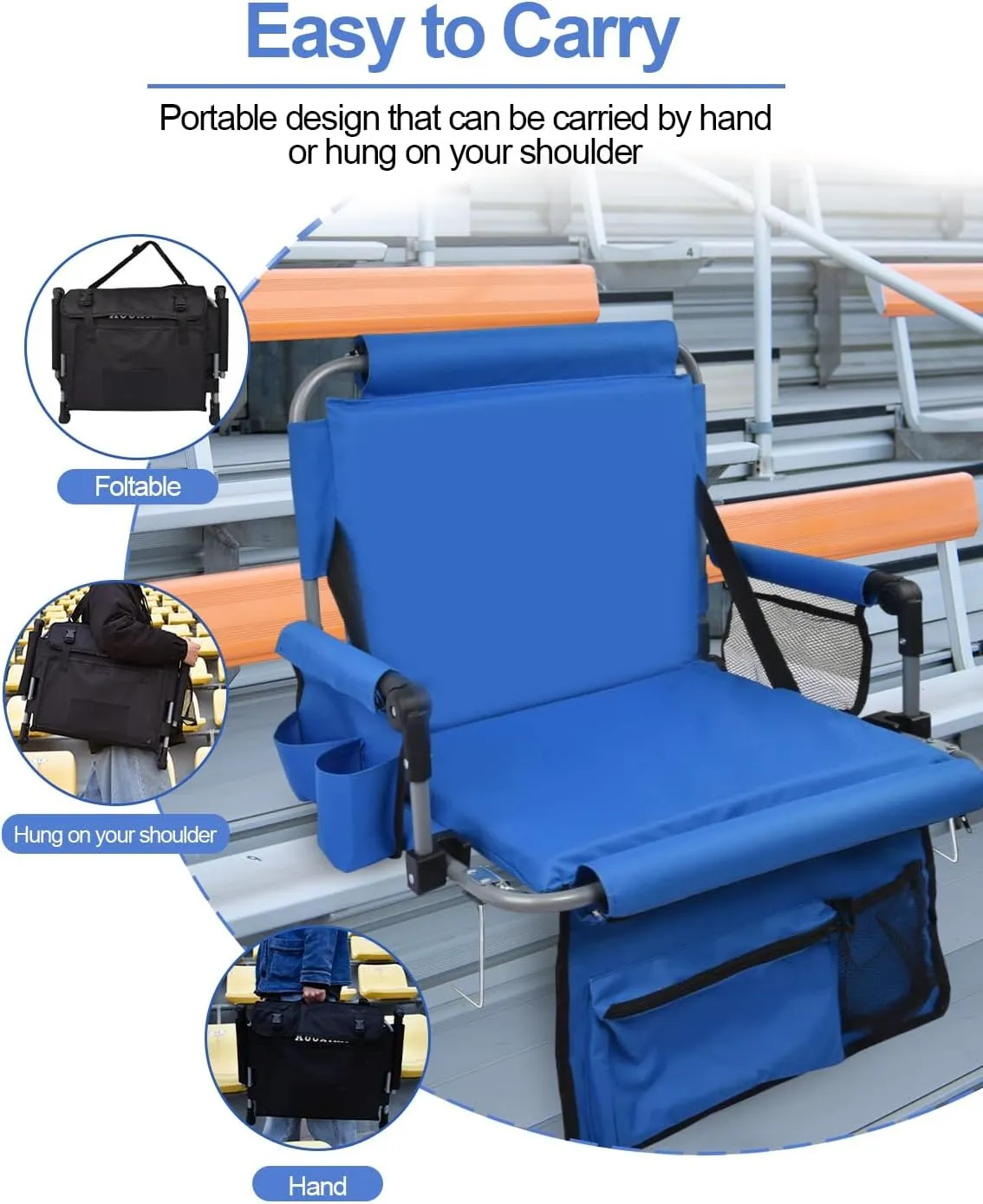 Stadium Seats for Bleachers with Back Support, Bleacher Seats with Backs and Cushion Wide, Stadium Chairs with Cup Holders, Mesh Bags and Hide Hooks