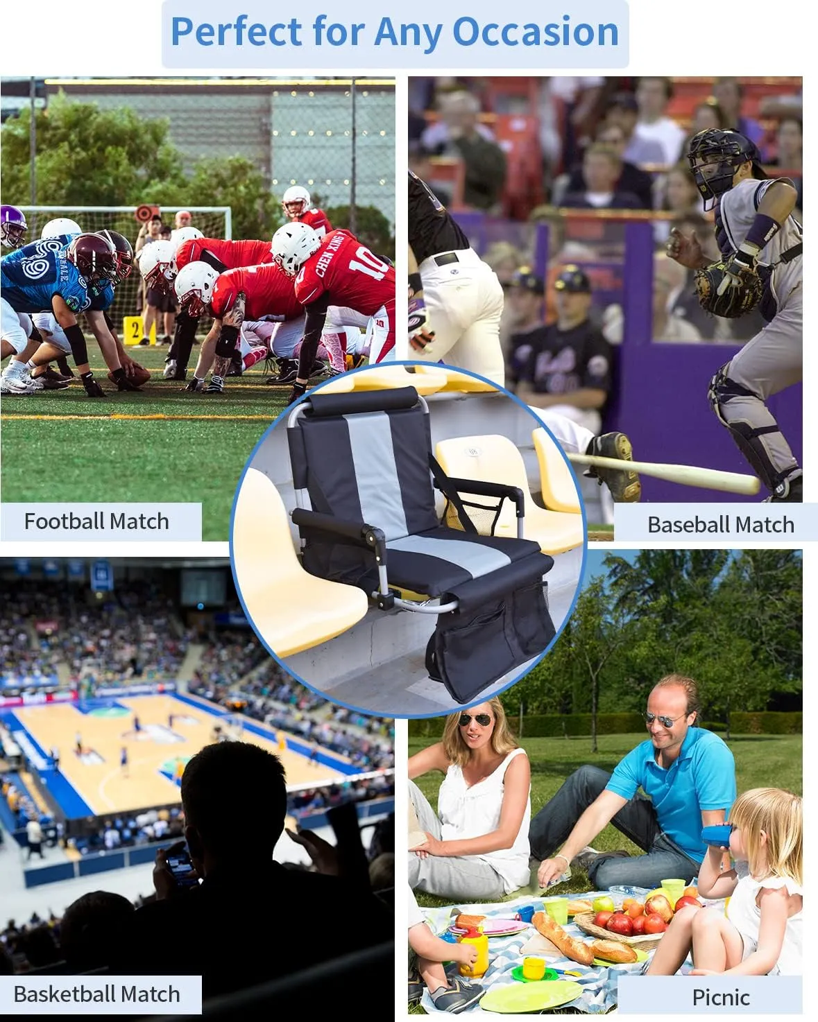 Stadium Seats for Bleachers with Back Support, Bleacher Seats with Backs and Cushion Wide, Stadium Chairs with Cup Holders, Mesh Bags and Hide Hooks