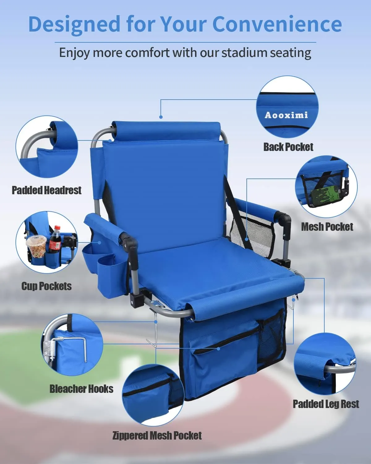 Stadium Seats for Bleachers with Back Support, Bleacher Seats with Backs and Cushion Wide, Stadium Chairs with Cup Holders, Mesh Bags and Hide Hooks