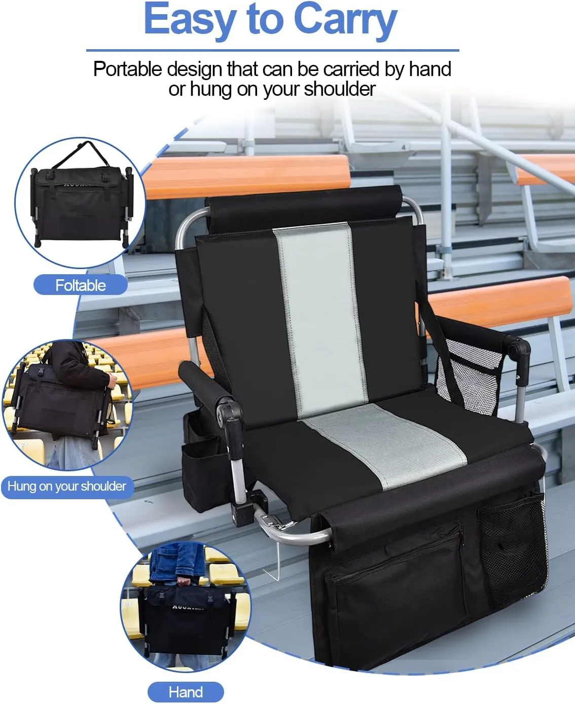 Stadium Seats for Bleachers with Back Support, Bleacher Seats with Backs and Cushion Wide, Stadium Chairs with Cup Holders, Mesh Bags and Hide Hooks