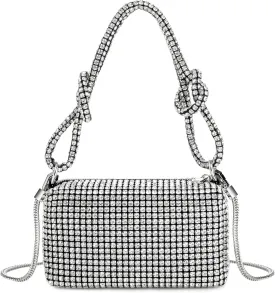 Women Rhinestone Box Bag Knot Handle Evening Clutch Handbag Diamond Purse with Detachable Strap for Wedding Party